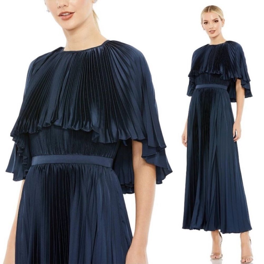 MAC DUGGAL 49638 PLEATED CAPLET TEA LENGTH Dark Blue DRESS $498